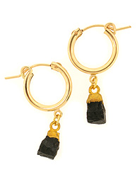 Gold Huggie Hoops with Cap Natural Black Chalcedony Earrings