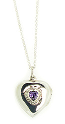 Amethyst Heart Locket Pendant in Sterling Silver with Chain