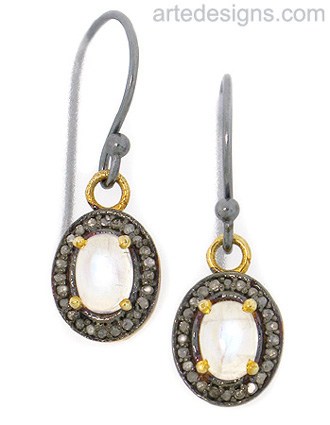 Short Moonstone and Pave Diamond Earrings
