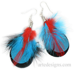 Blue Black Red Feather Earrings
