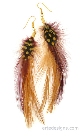 Gold Wine Natural Feather Earrings
