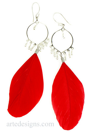 Red Feather Earrings with Fiesta Hoops
