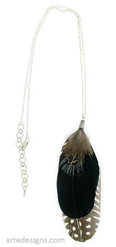 Black Almond Green Pheasant Feather Necklace with Sterling Silver Chain 
