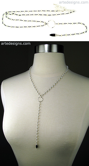 Black Chalcedony and Pearl Lariat Necklace
