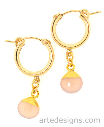 Gold Huggie Hoops with Cap Pink Chalcedony Earrings
