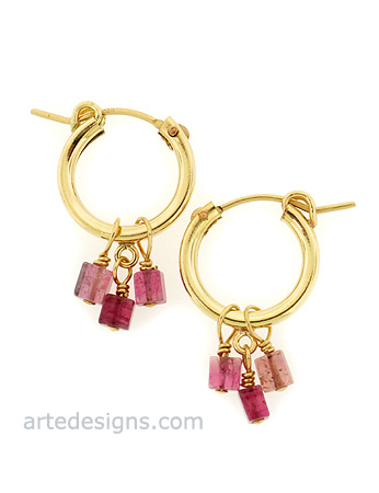 Gold Huggie Hoops with Triple Pink Tourmaline
