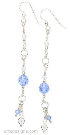 Long Light Sapphire Crystal and Pearl Earrings
