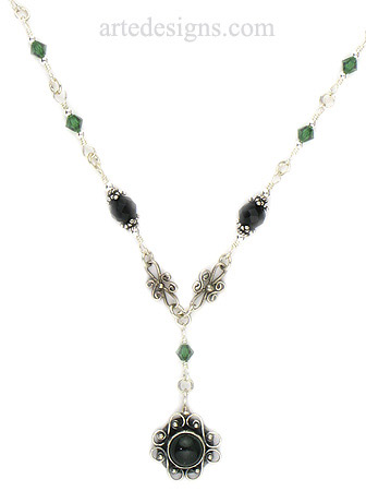 Green Tourmaline with Black Onyx and Crystal Necklace
