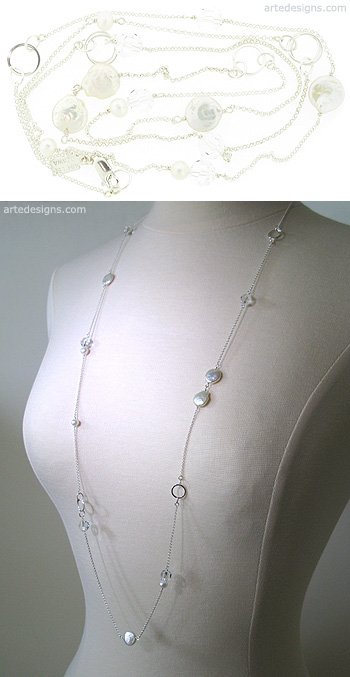 Long Classic Pearl and Crystal Necklace
