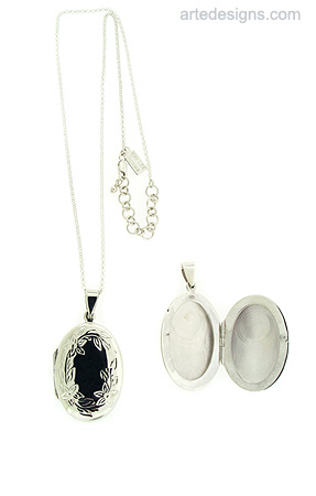 Large Oval Etched Sterling Silver Locket Pendant with Chain
