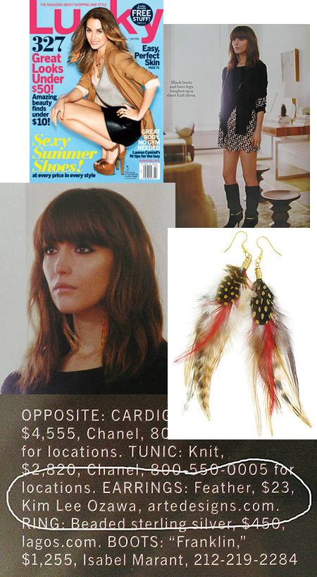 Kim Lee Ozawa's Feather Earrings featured in Lucky Magazine on Rose Byrne