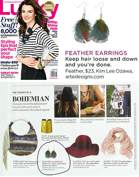 Kim Lee Ozawa's Feather Earrings featured in Lucky Magazine