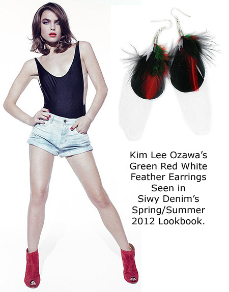 Green Red White Feather Earrings by Kim Lee Ozawa